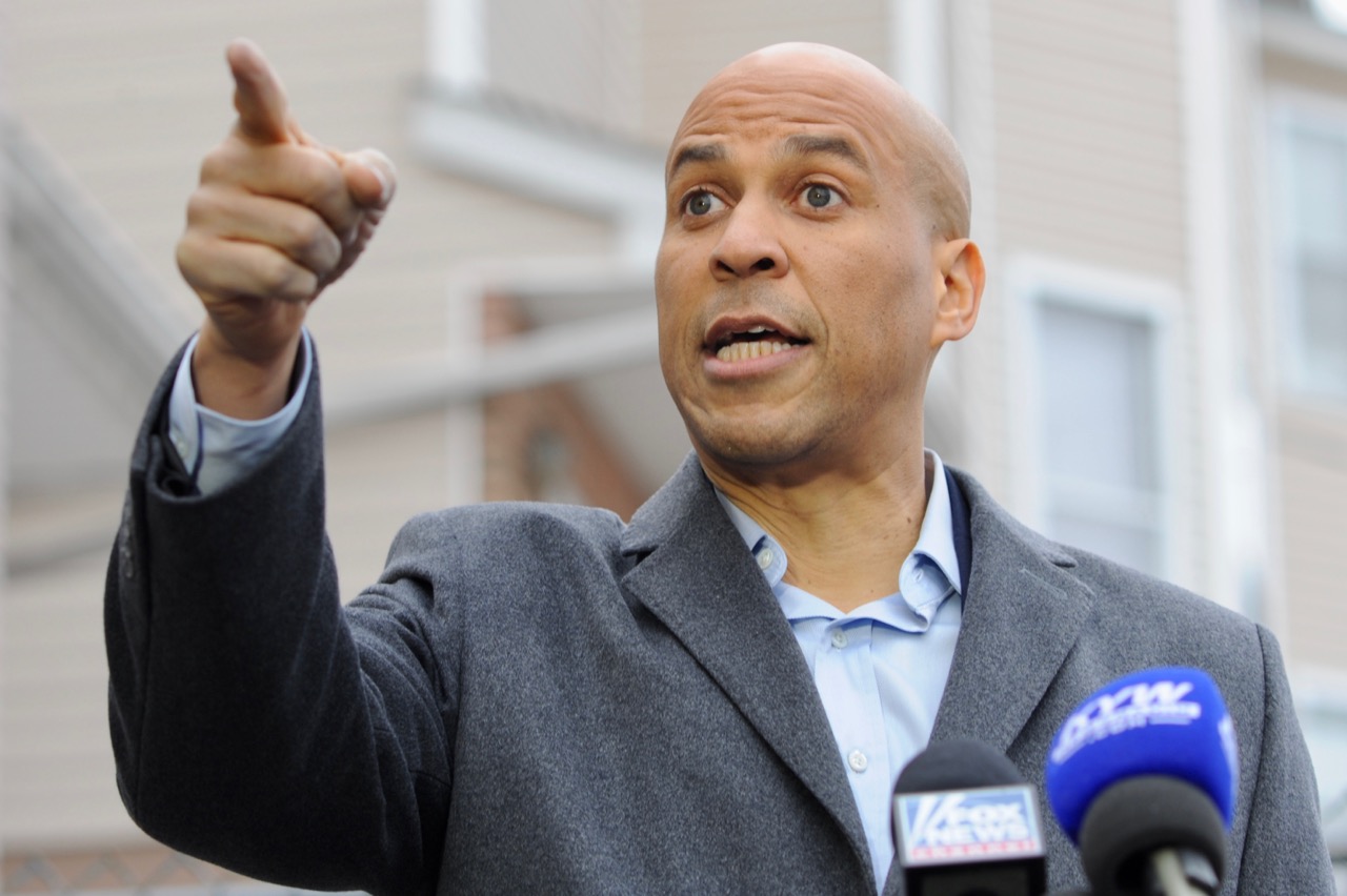 Cory Booker addresses a crowd at a public event in New Jersey