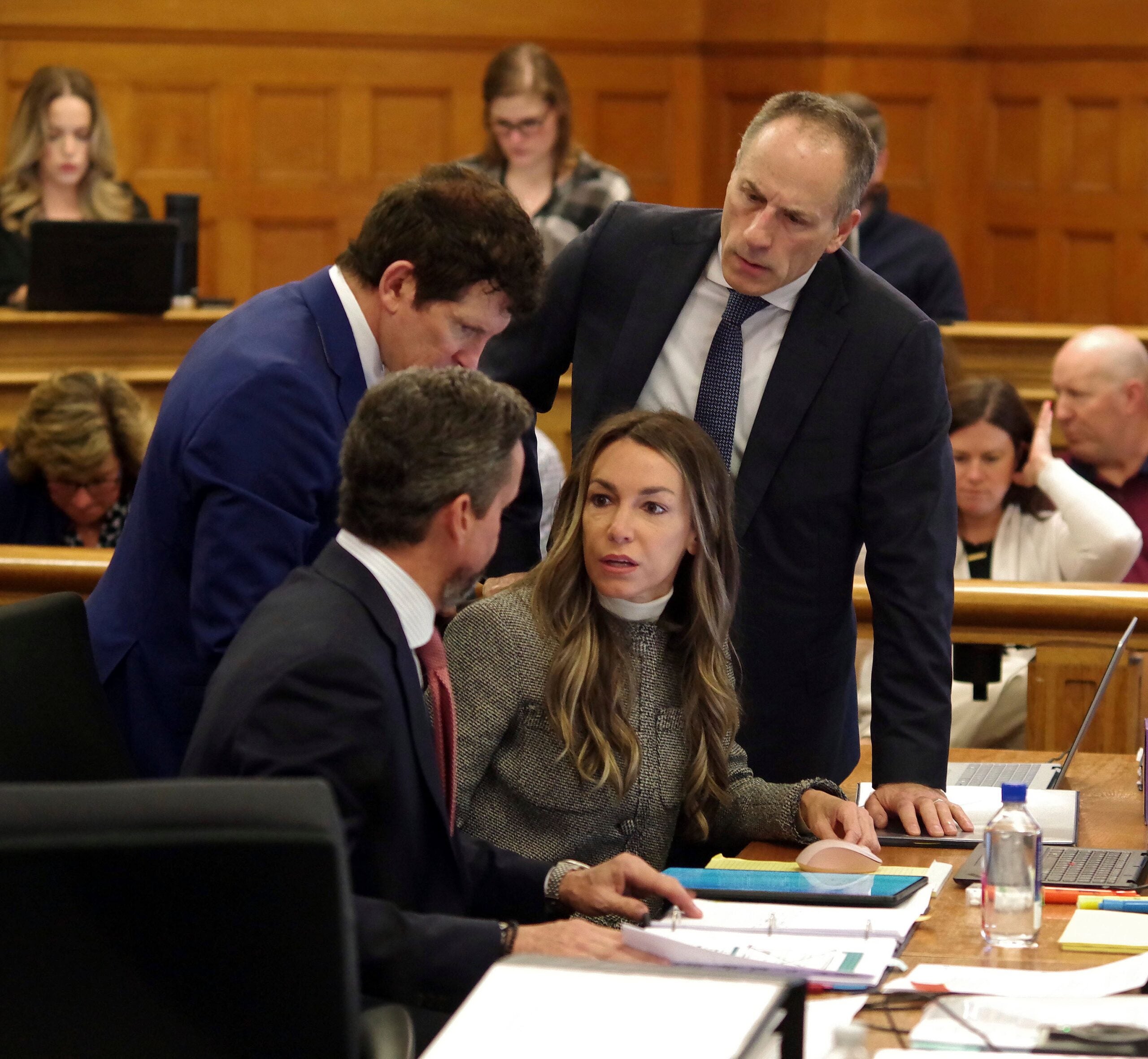 A view of a courtroom where a key witness stands in to testify in the Karen Read retrial.