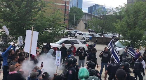 Protesters outside the courthouse during the Christopher Schurr trial