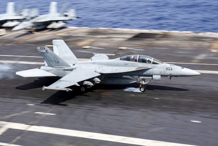 F/A-18F Super Hornet prepping for takeoff aboard the aircraft carrier USS Harry Truman