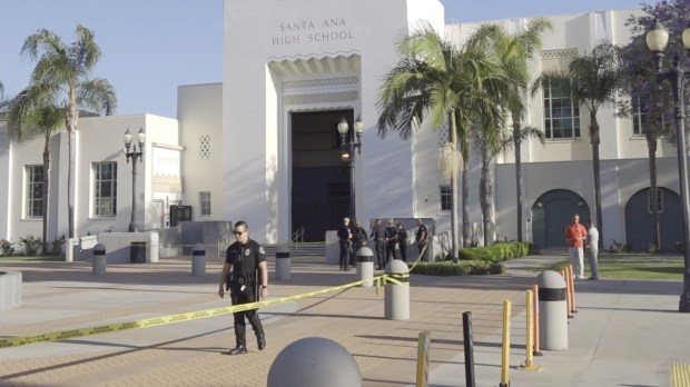 View of Santa Ana High School campus with police presence