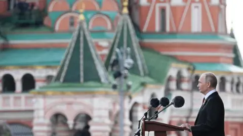 Victory Day parade in Russia featuring military presence on Red Square.